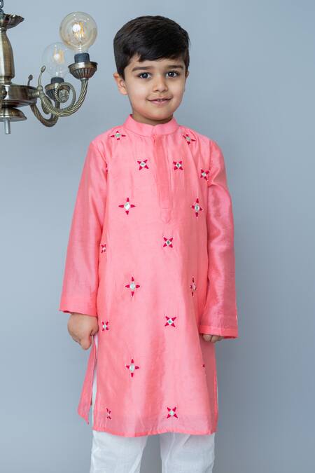 Buy_MI Dulce AN'YA_Coral Cotton, Chanderi, Silk Mirrors, Embroidery Kurta With Pant _Online_at_Aza_Fashions