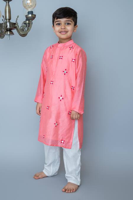 Shop_MI Dulce AN'YA_Coral Cotton, Chanderi, Silk Mirrors, Embroidery Kurta With Pant _Online_at_Aza_Fashions