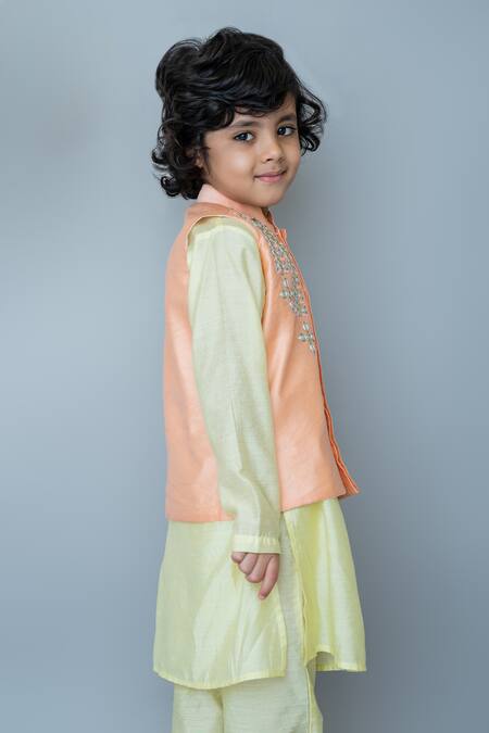 MI Dulce AN'YA_Peach Handloom , Chanderi, Silk, Embroidered Nehru Jacket Set _Online_at_Aza_Fashions