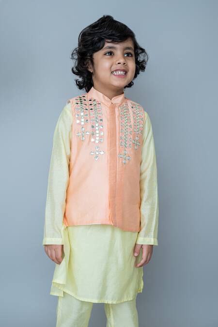 Buy_MI Dulce AN'YA_Peach Handloom , Chanderi, Silk, Embroidered Nehru Jacket Set _Online_at_Aza_Fashions