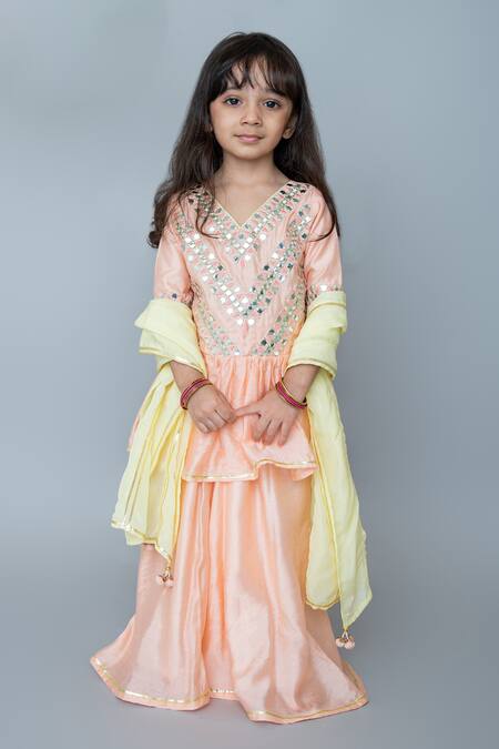 MI Dulce AN'YA_Peach Handloom Cotton, Chanderi, Silk Geometric Embroidered Peplum Sharara Set _Online_at_Aza_Fashions