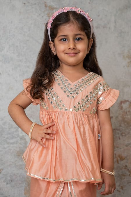 MI Dulce AN'YA_Peach Handloom Cotton, Chanderi Geometric Embroidered Peplum Top With Dhoti Pant _Online_at_Aza_Fashions