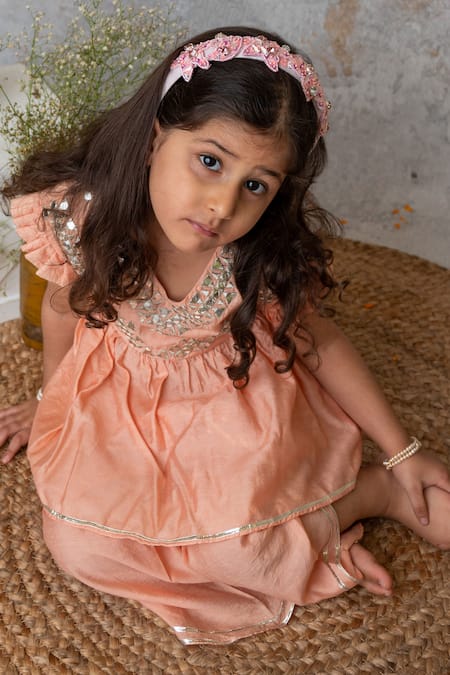 Shop_MI Dulce AN'YA_Peach Handloom Cotton, Chanderi Geometric Embroidered Peplum Top With Dhoti Pant _Online_at_Aza_Fashions