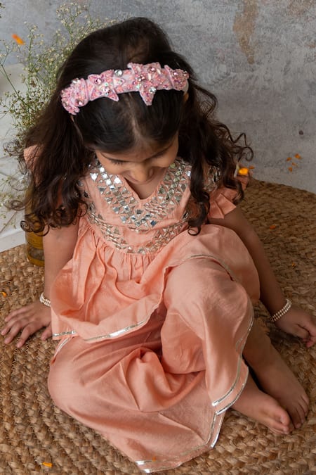 MI Dulce AN'YA_Peach Handloom Cotton, Chanderi Geometric Embroidered Peplum Top With Dhoti Pant _at_Aza_Fashions