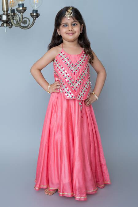MI Dulce AN'YA Coral Handloom Cotton, Chanderi, Silk Mirrors Embroidered Lehenga Set Online at Aza Fashions MI Dulce AN'YA_Coral Handloom Cotton, Chanderi, Silk Mirrors Embroidered Lehenga Set _Online_at_Aza_Fashions