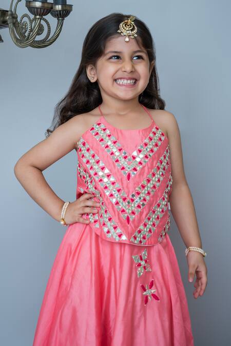 Buy MI Dulce AN'YA Coral Handloom Cotton, Chanderi, Silk Mirrors Embroidered Lehenga Set Online at Aza Fashions Buy_MI Dulce AN'YA_Coral Handloom Cotton, Chanderi, Silk Mirrors Embroidered Lehenga Set _Online_at_Aza_Fashions