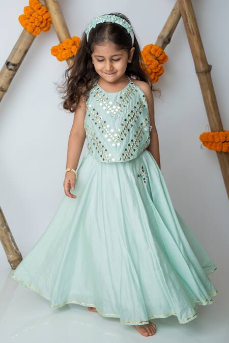 MI Dulce AN'YA Green Handloom Cotton, Chanderi, Silk Mirrors Geometric Embroidered Lehenga Set Online at Aza Fashions MI Dulce AN'YA_Green Handloom Cotton, Chanderi, Silk Mirrors Geometric Embroidered Lehenga Set _Online_at_Aza_Fashions