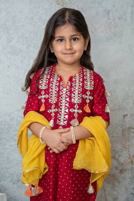 Buy MI Dulce AN'YA Red Handloom , Chanderi, Tassels Embroidered Yoke Kurta Pant Set Online at Aza Fashions Buy_MI Dulce AN'YA_Red Handloom , Chanderi, Tassels Embroidered Yoke Kurta Pant Set _Online_at_Aza_Fashions