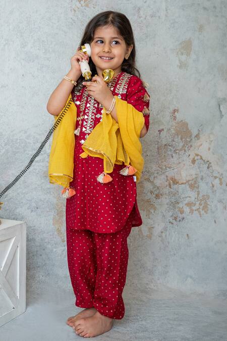 Buy MI Dulce AN'YA Red Handloom , Chanderi, Tassels Embroidered Yoke Kurta Pant Set Buy_MI Dulce AN'YA_Red Handloom , Chanderi, Tassels Embroidered Yoke Kurta Pant Set