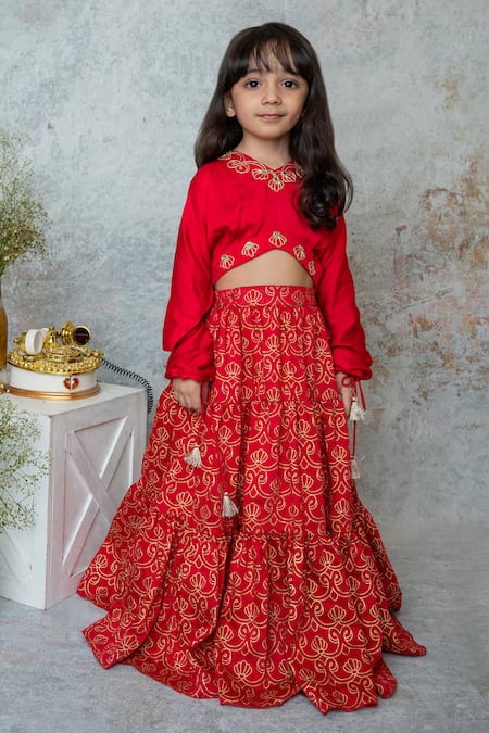 Mi Dulce An'ya Red 100% Organic Cotton Embroidered Zari Leaf Handprinted Tiered Lehenga Set 