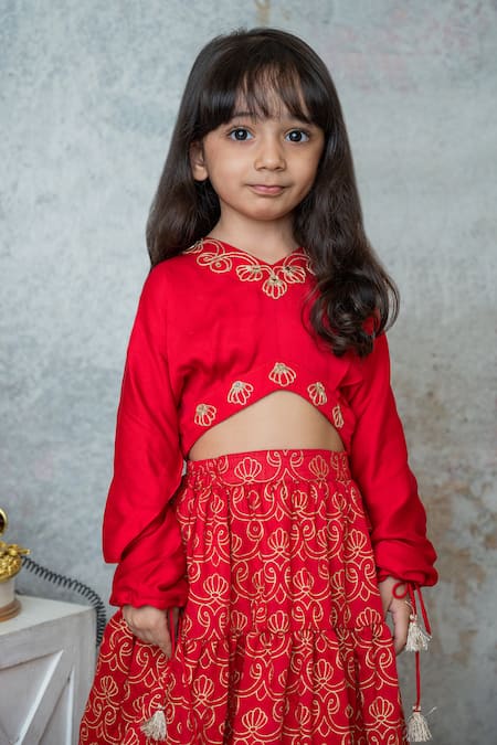 MI Dulce AN'YA_Red Handloom Cotton, Silk Tassels Leaf Handprinted Tiered Lehenga Set _Online_at_Aza_Fashions