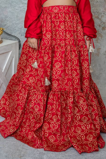 Buy_MI Dulce AN'YA_Red Handloom Cotton, Silk Tassels Leaf Handprinted Tiered Lehenga Set _Online_at_Aza_Fashions