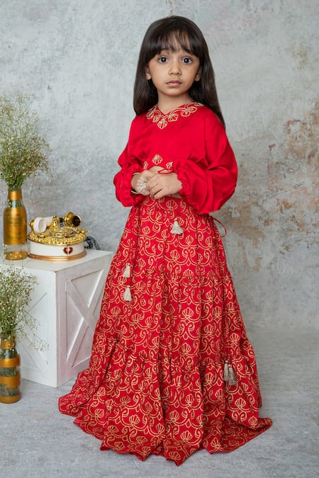 Shop_MI Dulce AN'YA_Red Handloom Cotton, Silk Tassels Leaf Handprinted Tiered Lehenga Set _Online_at_Aza_Fashions