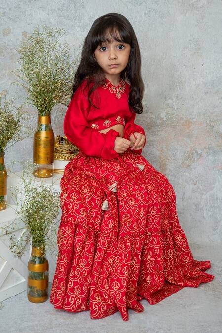 MI Dulce AN'YA_Red Handloom Cotton, Silk Tassels Leaf Handprinted Tiered Lehenga Set _at_Aza_Fashions