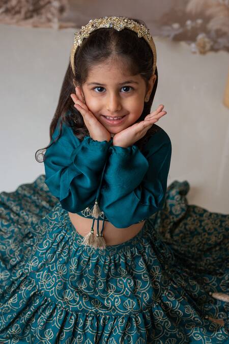 MI Dulce AN'YA Green Handloom Cotton, Chanderi, Silk Handprinted Leaf Motif Tiered Lehenga Set at Aza Fashions MI Dulce AN'YA_Green Handloom Cotton, Chanderi, Silk Handprinted Leaf Motif Tiered Lehenga Set _at_Aza_Fashions