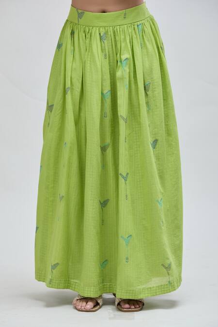 Ibai Green Handloom Cotton Embroidery Barbet Printed Layered Skirt Online at Aza Fashions Ibai_Green Handloom Cotton Embroidery Barbet Printed Layered Skirt _Online_at_Aza_Fashions