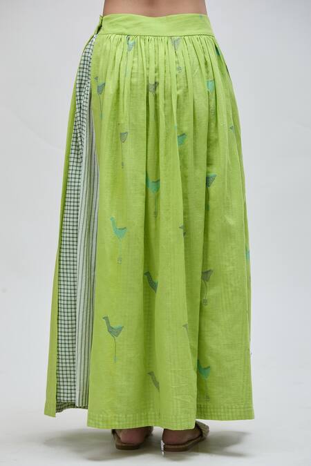 Buy Ibai Green Handloom Cotton Embroidery Barbet Printed Layered Skirt Online at Aza Fashions Buy_Ibai_Green Handloom Cotton Embroidery Barbet Printed Layered Skirt _Online_at_Aza_Fashions