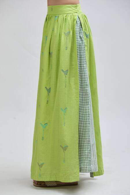 Shop Ibai Green Handloom Cotton Embroidery Barbet Printed Layered Skirt Online at Aza Fashions Shop_Ibai_Green Handloom Cotton Embroidery Barbet Printed Layered Skirt _Online_at_Aza_Fashions