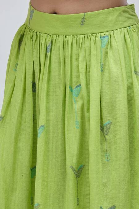 Ibai Green Handloom Cotton Embroidery Barbet Printed Layered Skirt at Aza Fashions Ibai_Green Handloom Cotton Embroidery Barbet Printed Layered Skirt _at_Aza_Fashions