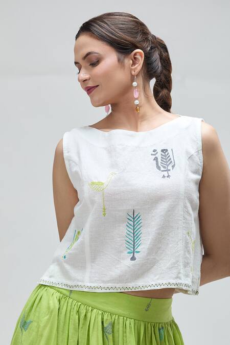 Shop_Ibai_White Cotton Embroidery Boat Neck Dove Top _Online_at_Aza_Fashions