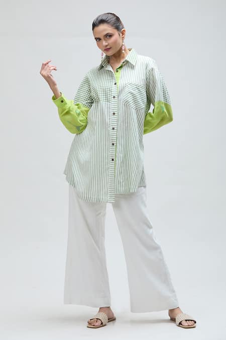 Shop Ibai Green Handloom Cotton Collared Barbet Woven Shirt Online at Aza Fashions Shop_Ibai_Green Handloom Cotton Collared Barbet Woven Shirt _Online_at_Aza_Fashions