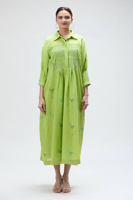 Buy Ibai Green Muslin, Handloom Cotton Collared Barbet Woven Smocked Dress Online at Aza Fashions Buy_Ibai_Green Muslin, Handloom Cotton Collared Barbet Woven Smocked Dress _Online_at_Aza_Fashions