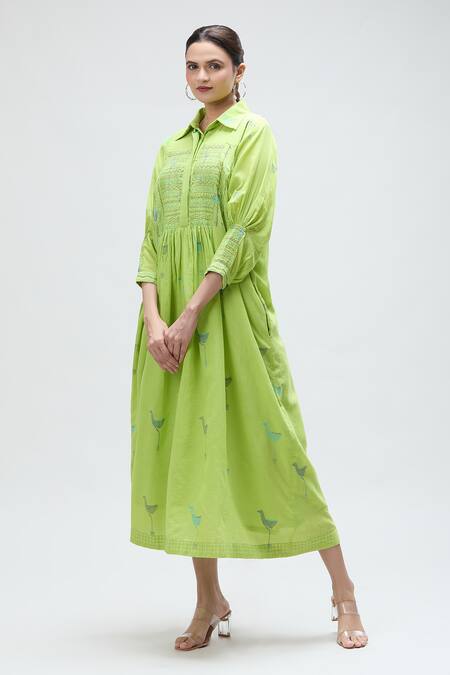 Shop Ibai Green Muslin, Handloom Cotton Collared Barbet Woven Smocked Dress Online at Aza Fashions Shop_Ibai_Green Muslin, Handloom Cotton Collared Barbet Woven Smocked Dress _Online_at_Aza_Fashions