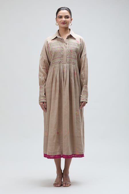 Ibai_Beige Muslin Embroidery Collared Carolina Gathered Dress With Inner _Online_at_Aza_Fashions