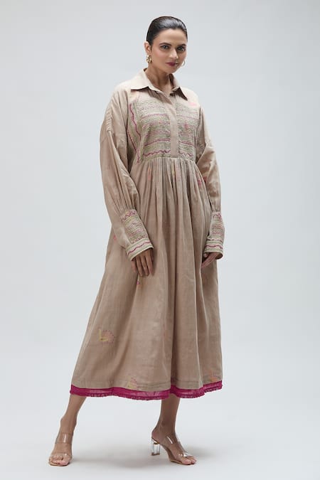 Buy_Ibai_Beige Muslin Embroidery Collared Carolina Gathered Dress With Inner _Online_at_Aza_Fashions