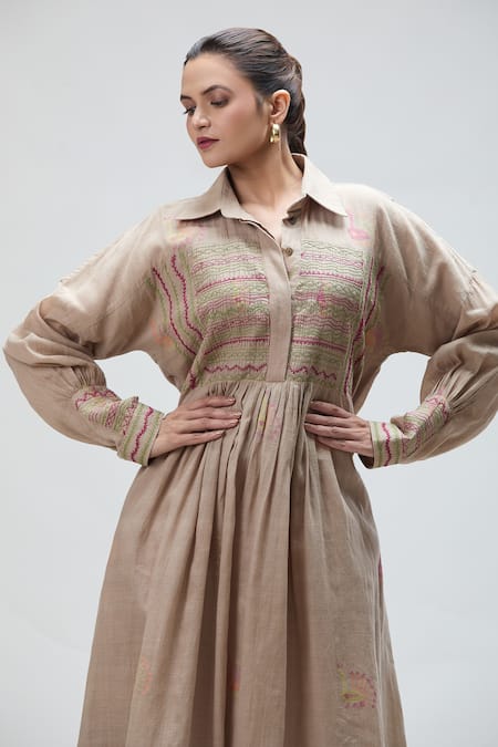 Shop_Ibai_Beige Muslin Embroidery Collared Carolina Gathered Dress With Inner _Online_at_Aza_Fashions