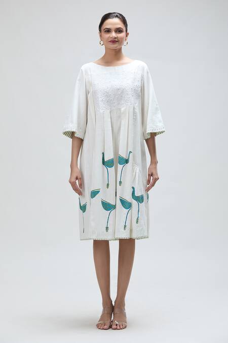 Ibai_White Cotton Mirrors Boat Neck Dove Handblock Print Flared Dress _Online_at_Aza_Fashions