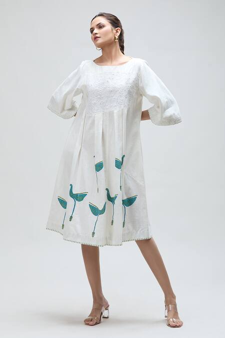 Buy_Ibai_White Cotton Mirrors Boat Neck Dove Handblock Print Flared Dress _Online_at_Aza_Fashions