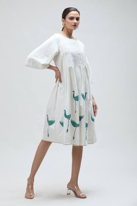 Shop_Ibai_White Cotton Mirrors Boat Neck Dove Handblock Print Flared Dress _Online_at_Aza_Fashions