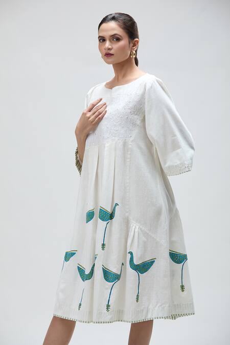 Ibai_White Cotton Mirrors Boat Neck Dove Handblock Print Flared Dress _at_Aza_Fashions