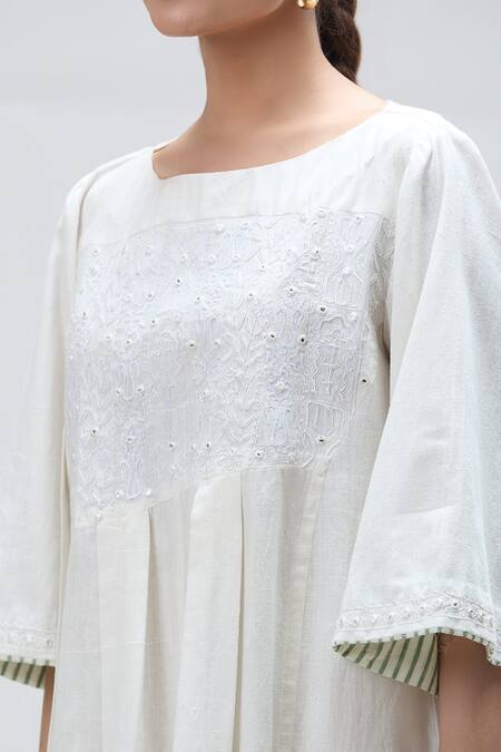 Buy_Ibai_White Cotton Mirrors Boat Neck Dove Handblock Print Flared Dress 