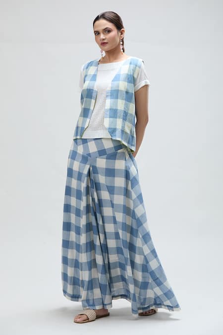 Ibai Blue Handloom Cotton Open Neck Jay Checkered Woven Waistcoat Online at Aza Fashions Ibai_Blue Handloom Cotton Open Neck Jay Checkered Woven Waistcoat _Online_at_Aza_Fashions