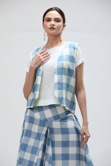 Buy Ibai Blue Handloom Cotton Open Neck Jay Checkered Woven Waistcoat Online at Aza Fashions Buy_Ibai_Blue Handloom Cotton Open Neck Jay Checkered Woven Waistcoat _Online_at_Aza_Fashions