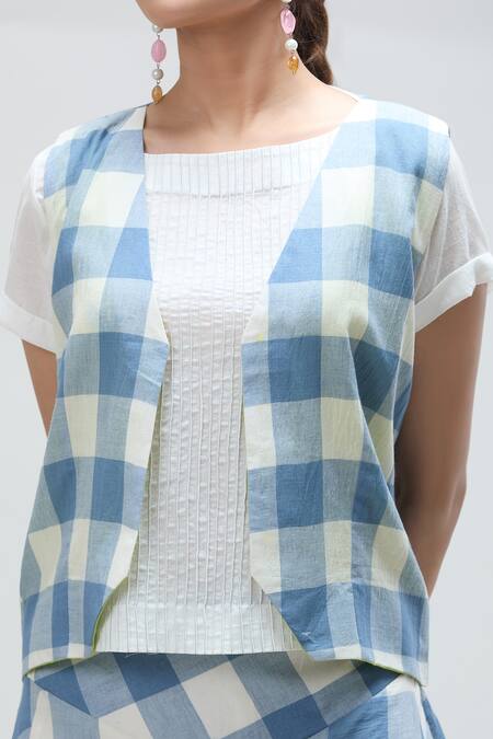 Shop Ibai Blue Handloom Cotton Open Neck Jay Checkered Woven Waistcoat Online at Aza Fashions Shop_Ibai_Blue Handloom Cotton Open Neck Jay Checkered Woven Waistcoat _Online_at_Aza_Fashions