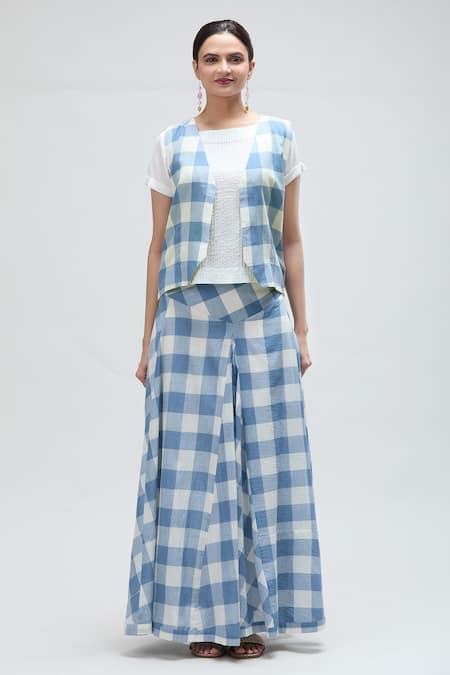 Ibai Blue Handloom Cotton Open Neck Jay Checkered Woven Waistcoat at Aza Fashions Ibai_Blue Handloom Cotton Open Neck Jay Checkered Woven Waistcoat _at_Aza_Fashions