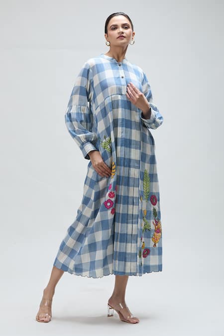 Ibai Blue Muslin Embroidery Mandarin Collar Checkered Woven Midi Dress Online at Aza Fashions Ibai_Blue Muslin Embroidery Mandarin Collar Checkered Woven Midi Dress _Online_at_Aza_Fashions