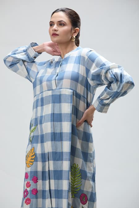 Buy Ibai Blue Muslin Embroidery Mandarin Collar Checkered Woven Midi Dress Online at Aza Fashions Buy_Ibai_Blue Muslin Embroidery Mandarin Collar Checkered Woven Midi Dress _Online_at_Aza_Fashions