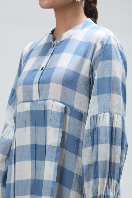 Shop Ibai Blue Muslin Embroidery Mandarin Collar Checkered Woven Midi Dress Online at Aza Fashions Shop_Ibai_Blue Muslin Embroidery Mandarin Collar Checkered Woven Midi Dress _Online_at_Aza_Fashions