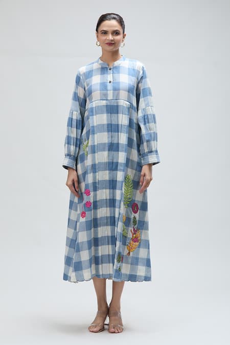 Ibai Blue Muslin Embroidery Mandarin Collar Checkered Woven Midi Dress at Aza Fashions Ibai_Blue Muslin Embroidery Mandarin Collar Checkered Woven Midi Dress _at_Aza_Fashions