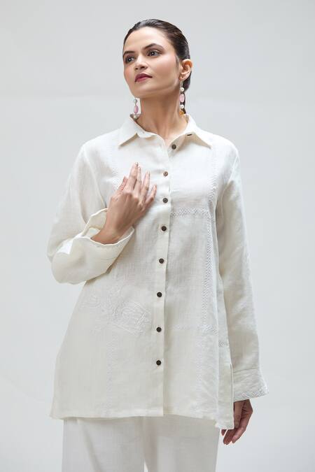 Buy Ibai White Handloom Cotton Embroidery Collared Gul Dori Shirt Online at Aza Fashions Buy_Ibai_White Handloom Cotton Embroidery Collared Gul Dori Shirt _Online_at_Aza_Fashions