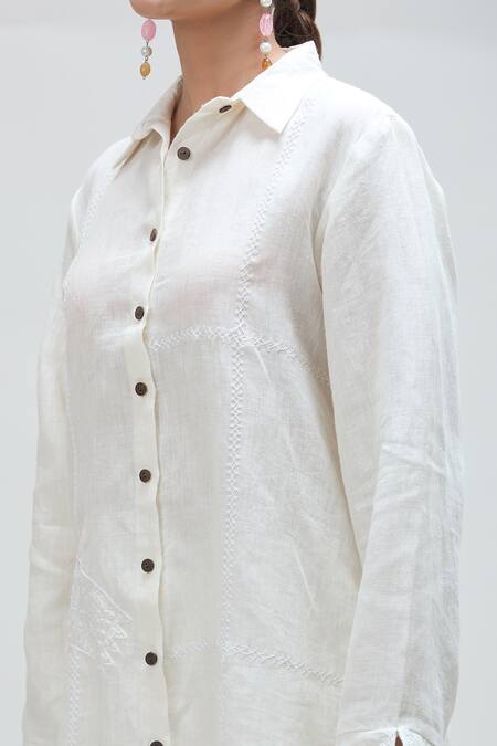 Shop Ibai White Handloom Cotton Embroidery Collared Gul Dori Shirt Online at Aza Fashions Shop_Ibai_White Handloom Cotton Embroidery Collared Gul Dori Shirt _Online_at_Aza_Fashions