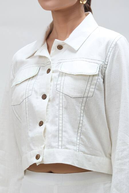 Shop Ibai White Handloom Cotton Embroidery Collared Pelican Bomber Jacket Online at Aza Fashions Shop_Ibai_White Handloom Cotton Embroidery Collared Pelican Bomber Jacket _Online_at_Aza_Fashions