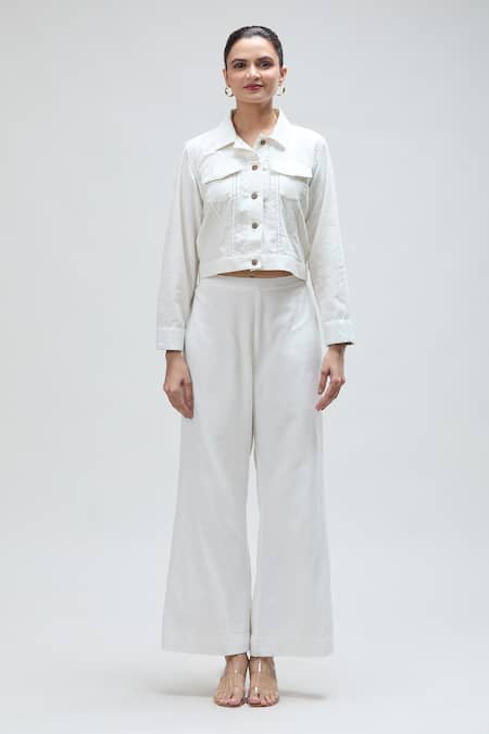 Ibai White Handloom Cotton Embroidery Collared Pelican Bomber Jacket at Aza Fashions Ibai_White Handloom Cotton Embroidery Collared Pelican Bomber Jacket _at_Aza_Fashions