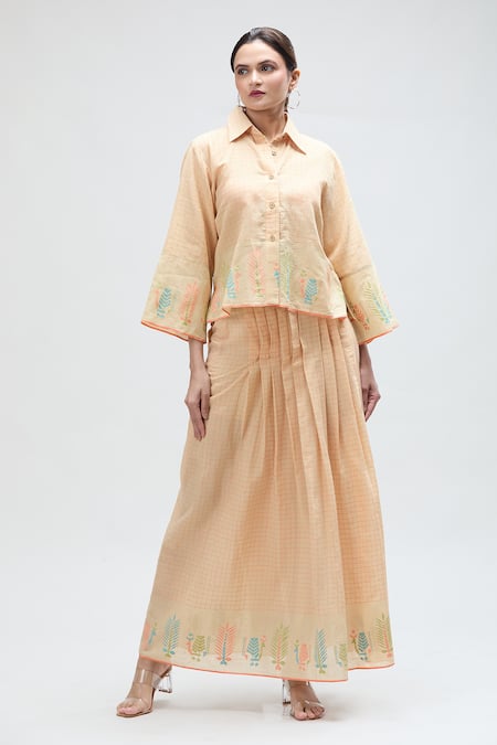 Ibai Love Bird Checkered Woven Long Skirt 