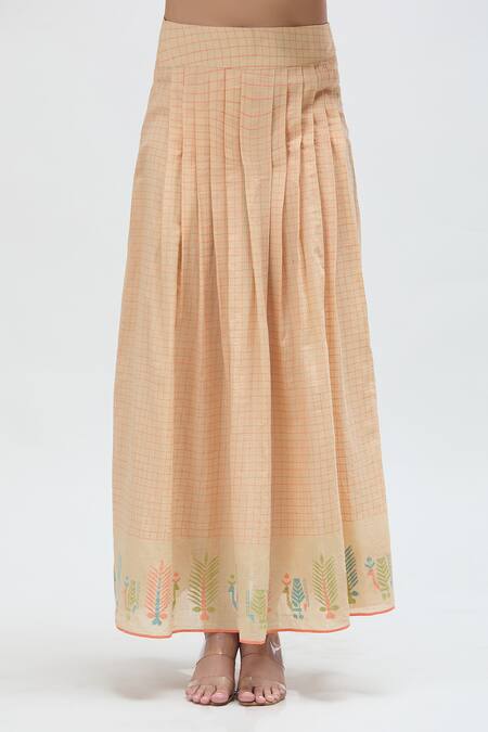 Buy Ibai Peach Handloom Cotton Embroidery Love Bird Checkered Woven Long Skirt Online at Aza Fashions Buy_Ibai_Peach Handloom Cotton Embroidery Love Bird Checkered Woven Long Skirt _Online_at_Aza_Fashions