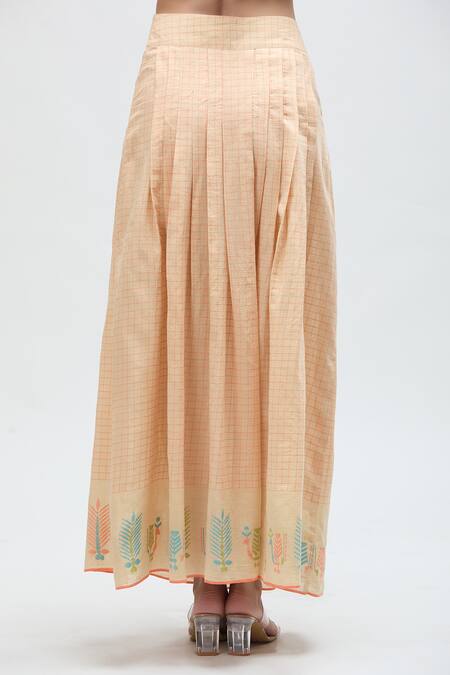 Shop Ibai Peach Handloom Cotton Embroidery Love Bird Checkered Woven Long Skirt Online at Aza Fashions Shop_Ibai_Peach Handloom Cotton Embroidery Love Bird Checkered Woven Long Skirt _Online_at_Aza_Fashions